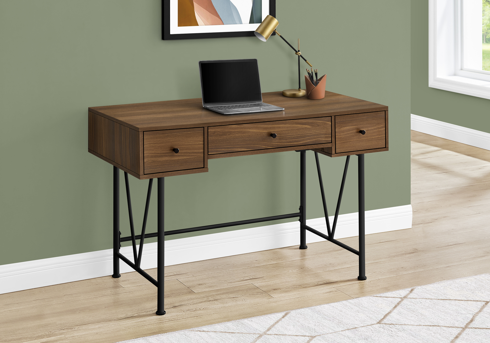 Computer Desk, Home Office, Laptop, Storage Drawers, 48″L, Work, Walnut Laminate, Black Metal, Transitional