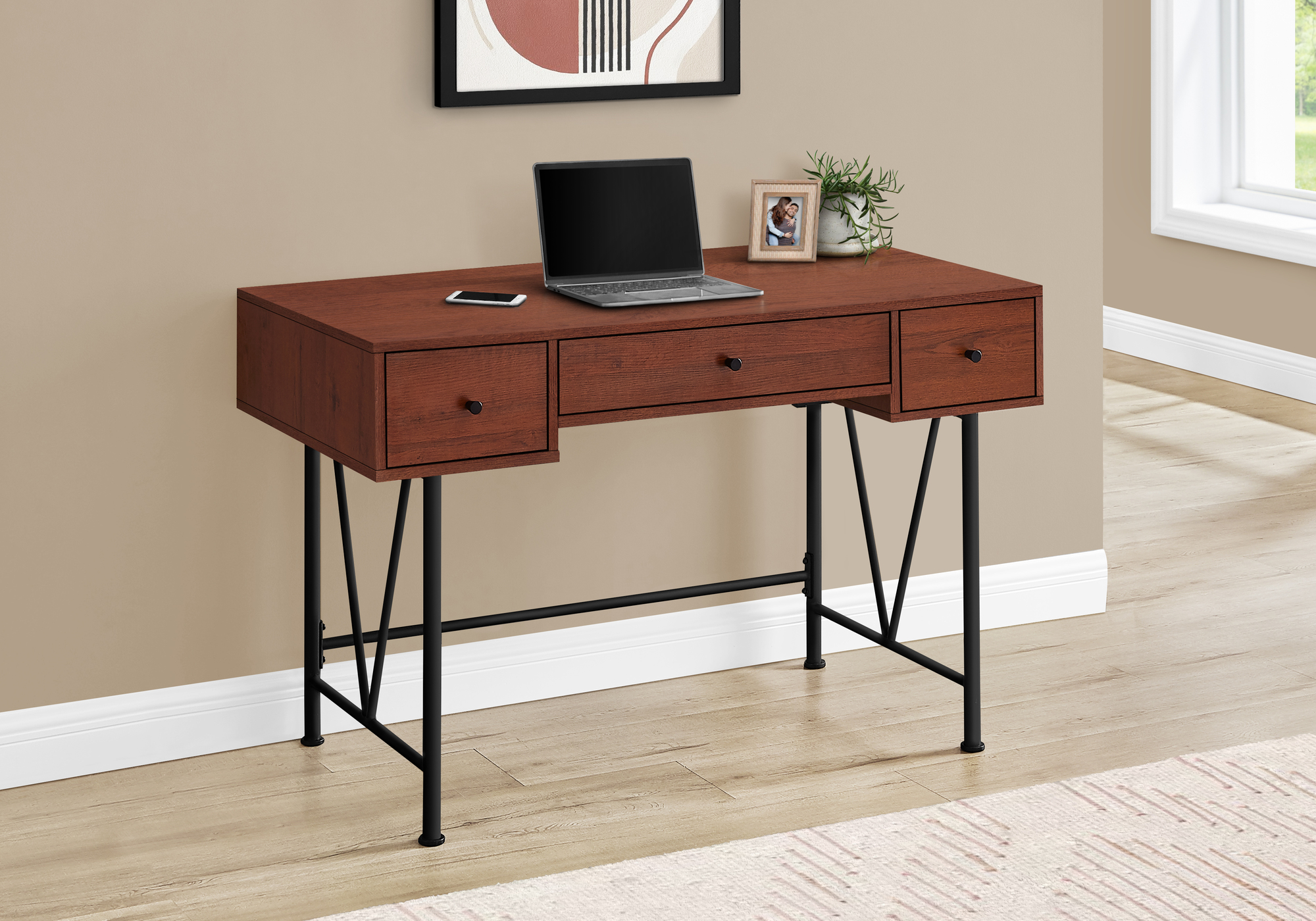 Computer Desk, Home Office, Laptop, Storage Drawers, 48″L, Work, Brown Laminate, Black Metal, Transitional