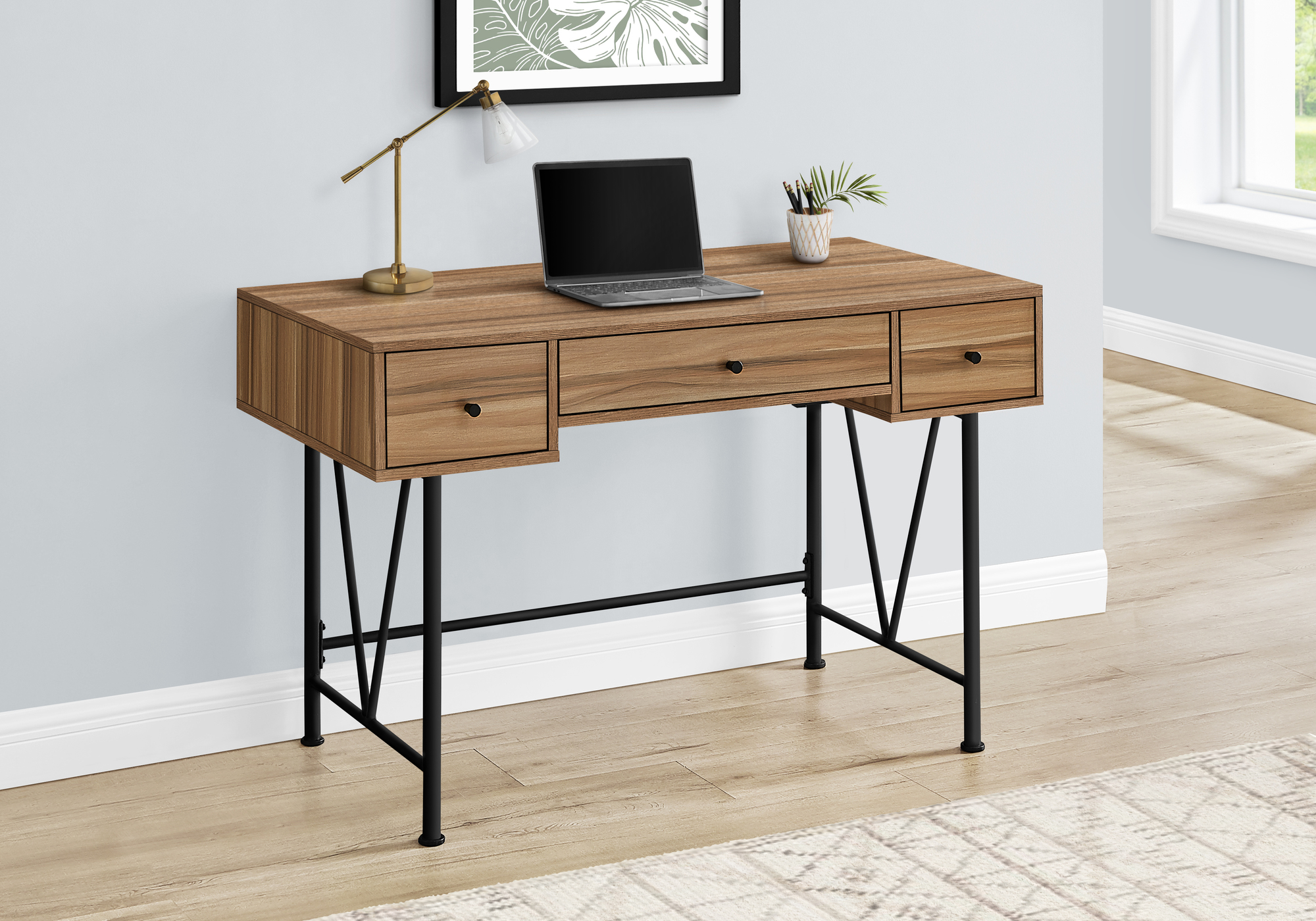 Computer Desk, Home Office, Laptop, Storage Drawers, 48″L, Work, Brown Laminate, Black Metal, Transitional