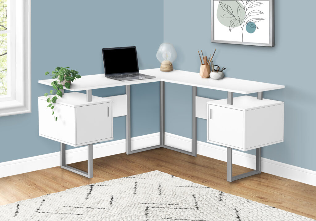 Computer Desk, Home Office, Corner, Storage, 58″L, L Shape, Work, Laptop, White Laminate, Grey Metal, Contemporary, Modern