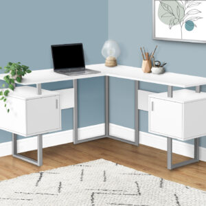 Computer Desk, Home Office, Corner, Storage, 58"L, L Shape, Work, Laptop, White Laminate, Grey Metal, Contemporary, Modern
