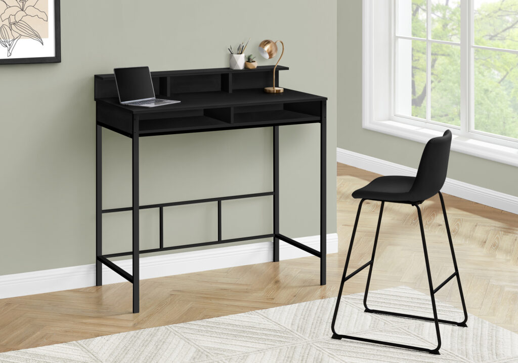 Computer Desk, Home Office, Standing, Storage Shelves, 48″L, Work, Laptop, Black Laminate, Black Metal, Contemporary, Modern