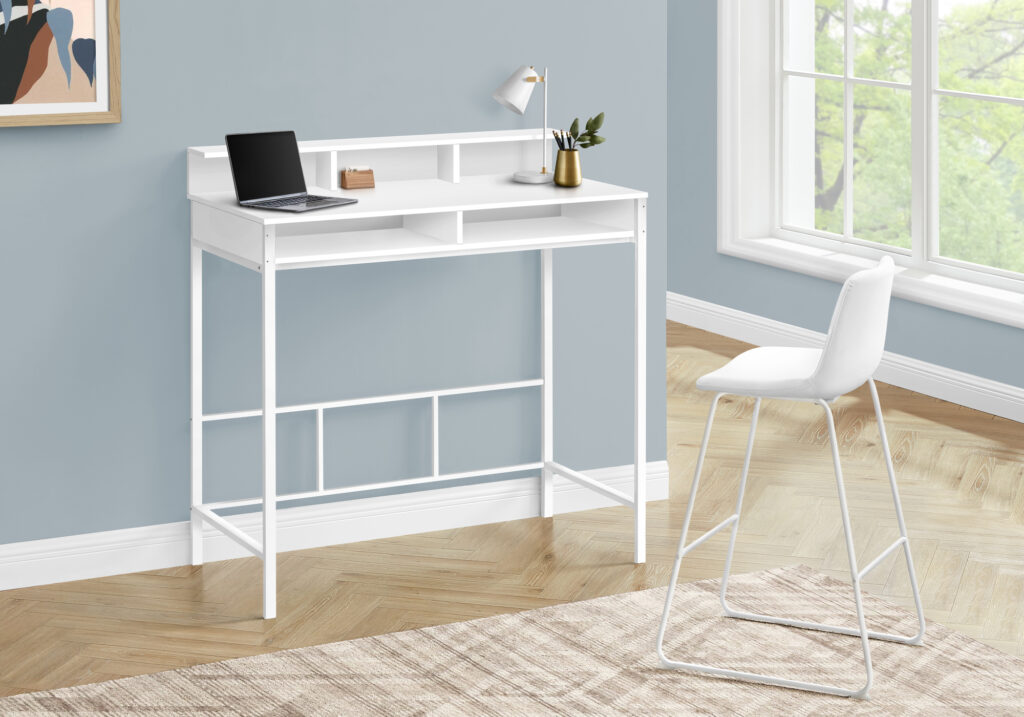 Computer Desk, Home Office, Standing, Storage Shelves, 48″L, Work, Laptop, White Laminate, White Metal, Contemporary, Modern