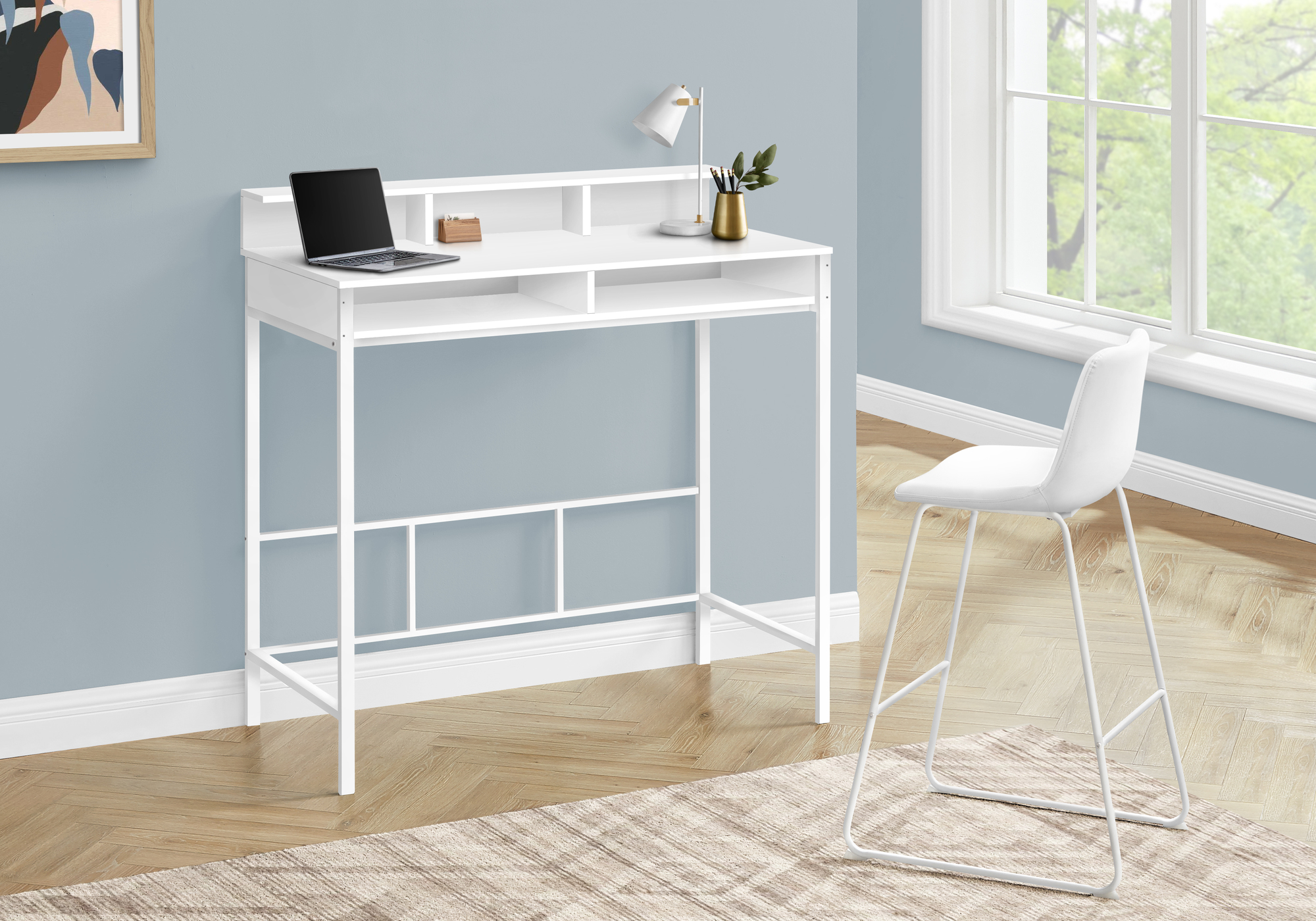 Computer Desk, Home Office, Standing, Storage Shelves, 48″L, Work, Laptop, White Laminate, White Metal, Contemporary, Modern