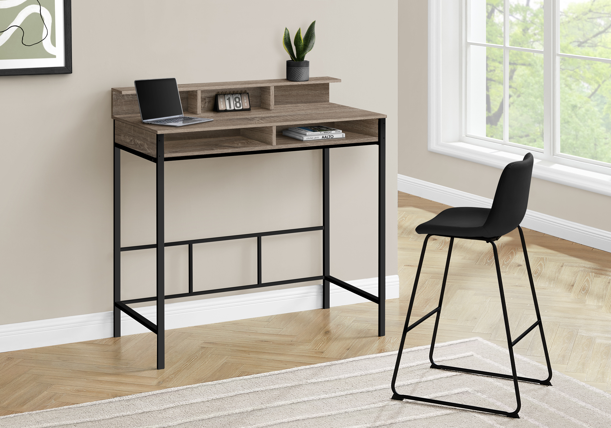 Computer Desk, Home Office, Standing, Storage Shelves, 48″L, Work, Laptop, Brown Laminate, Black Metal, Contemporary, Modern