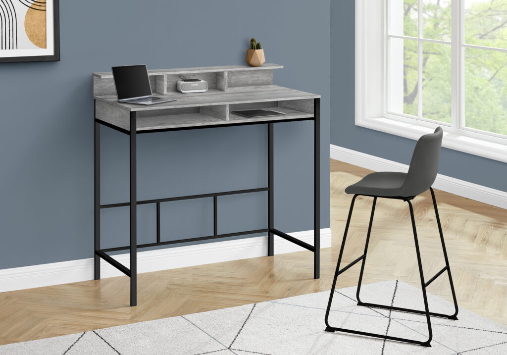 Computer Desk, Home Office, Standing, Storage Shelves, 48″L, Work, Laptop, Grey Laminate, Black Metal, Contemporary, Modern