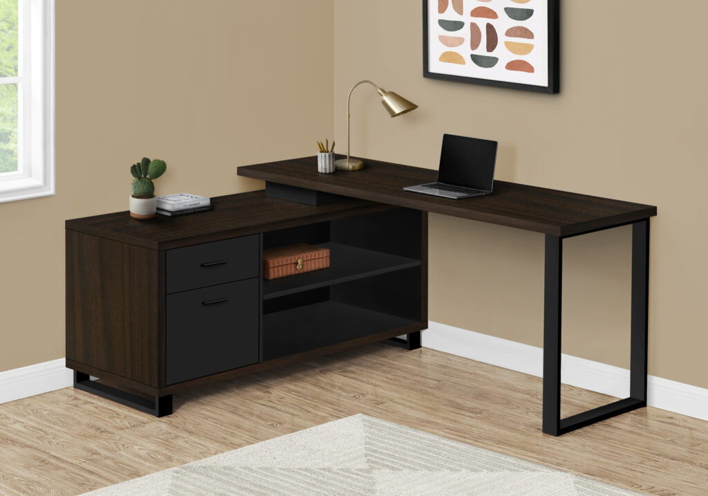 Computer Desk, Home Office, Corner, Storage Drawers, 72″L, L Shape, Work, Laptop, Brown Laminate, Black Metal, Contemporary, Modern