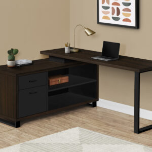 Computer Desk, Home Office, Corner, Storage Drawers, 72"L, L Shape, Work, Laptop, Brown Laminate, Black Metal, Contemporary, Modern