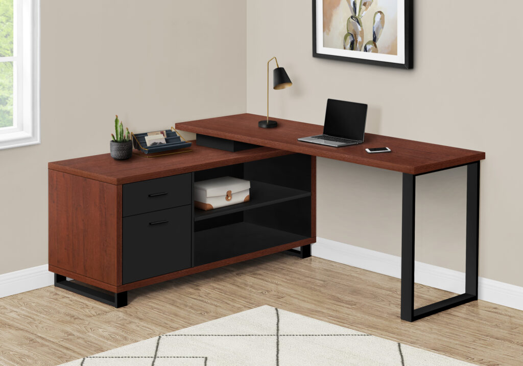 Computer Desk, Home Office, Corner, Storage Drawers, 72″L, L Shape, Work, Laptop, Brown Laminate, Black Metal, Contemporary, Modern