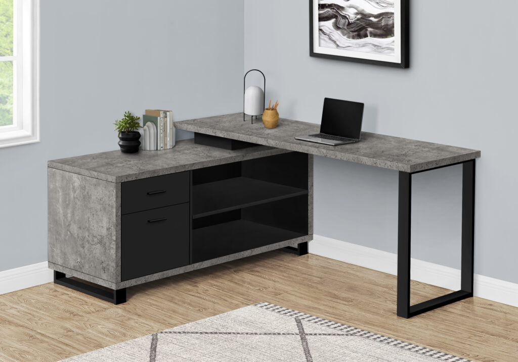 Computer Desk, Home Office, Corner, Storage Drawers, 72″L, L Shape, Work, Laptop, Grey Concrete Laminate, Black Metal, Contemporary, Modern