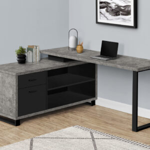 Computer Desk, Home Office, Corner, Storage Drawers, 72"L, L Shape, Work, Laptop, Grey Concrete Laminate, Black Metal, Contemporary, Modern