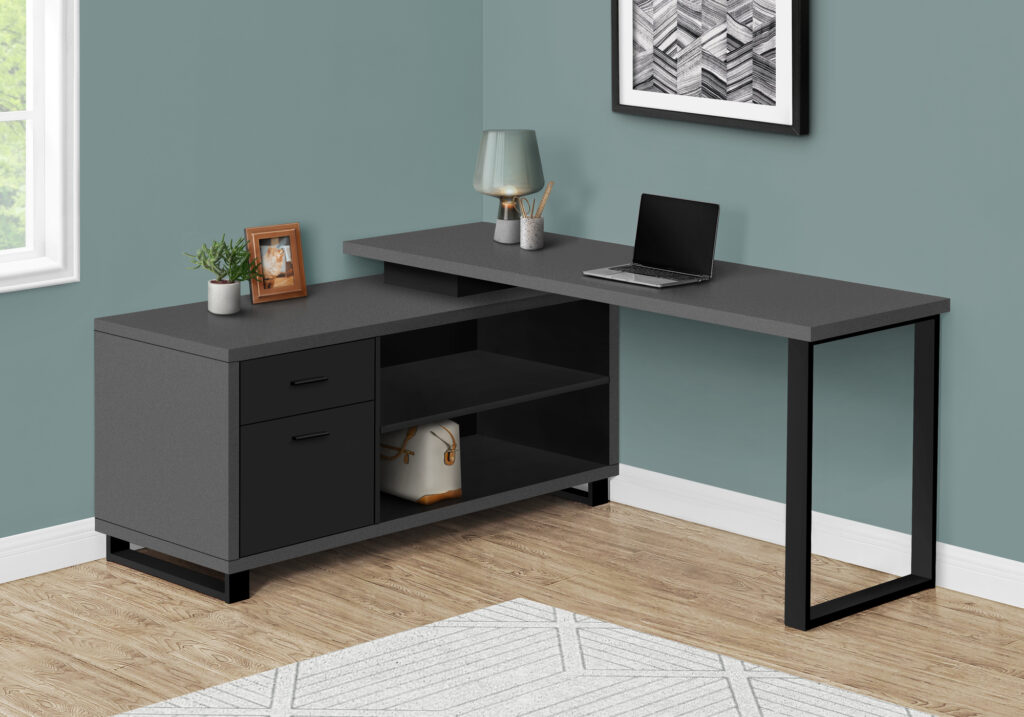 Computer Desk, Home Office, Corner, Storage Drawers, 72″L, L Shape, Work, Laptop, Grey Laminate, Black Metal, Contemporary, Modern