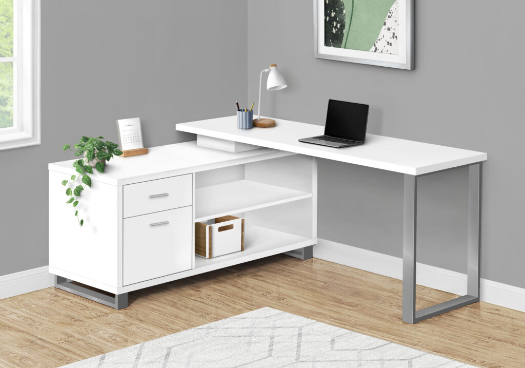 Computer Desk, Home Office, Corner, Storage Drawers, 72″L, L Shape, Work, Laptop, White Laminate, Grey Metal, Contemporary, Modern