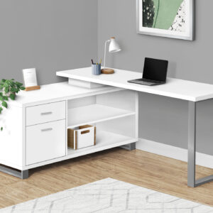 Computer Desk, Home Office, Corner, Storage Drawers, 72"L, L Shape, Work, Laptop, White Laminate, Grey Metal, Contemporary, Modern