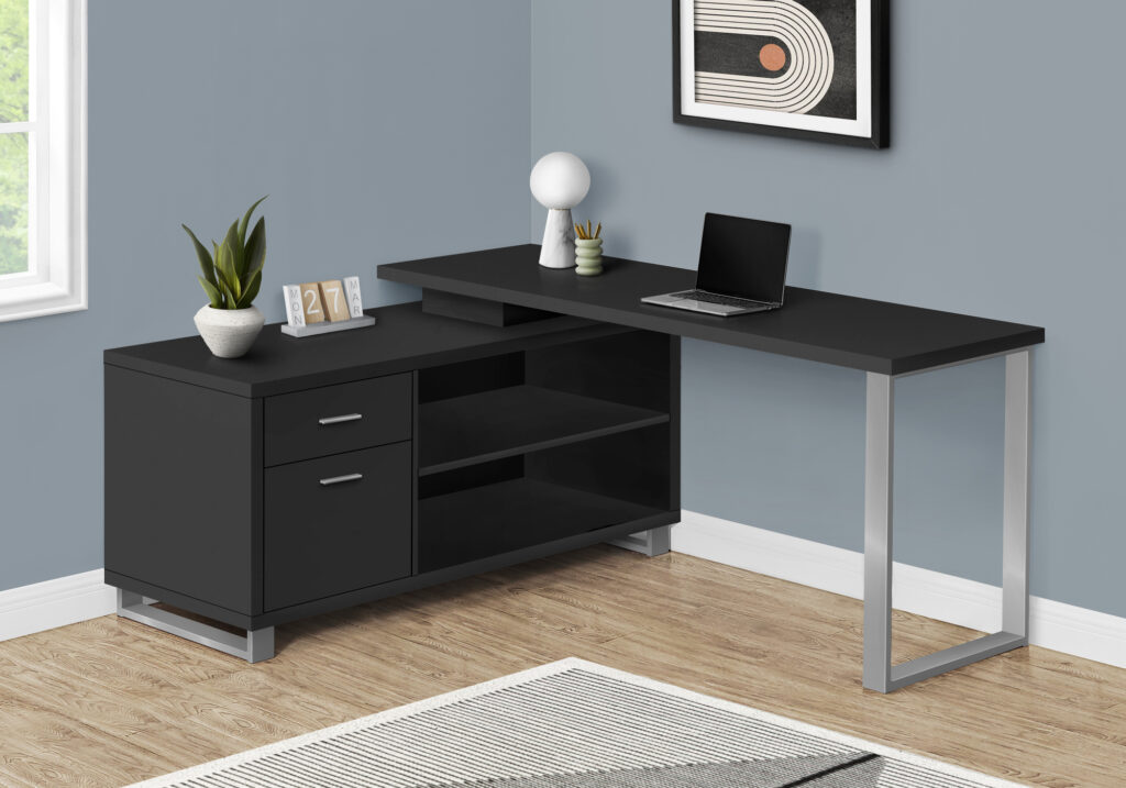 Computer Desk, Home Office, Corner, Storage Drawers, 72″L, L Shape, Work, Laptop, Black Laminate, Grey Metal, Contemporary, Modern