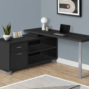 Computer Desk, Home Office, Corner, Storage Drawers, 72"L, L Shape, Work, Laptop, Black Laminate, Grey Metal, Contemporary, Modern