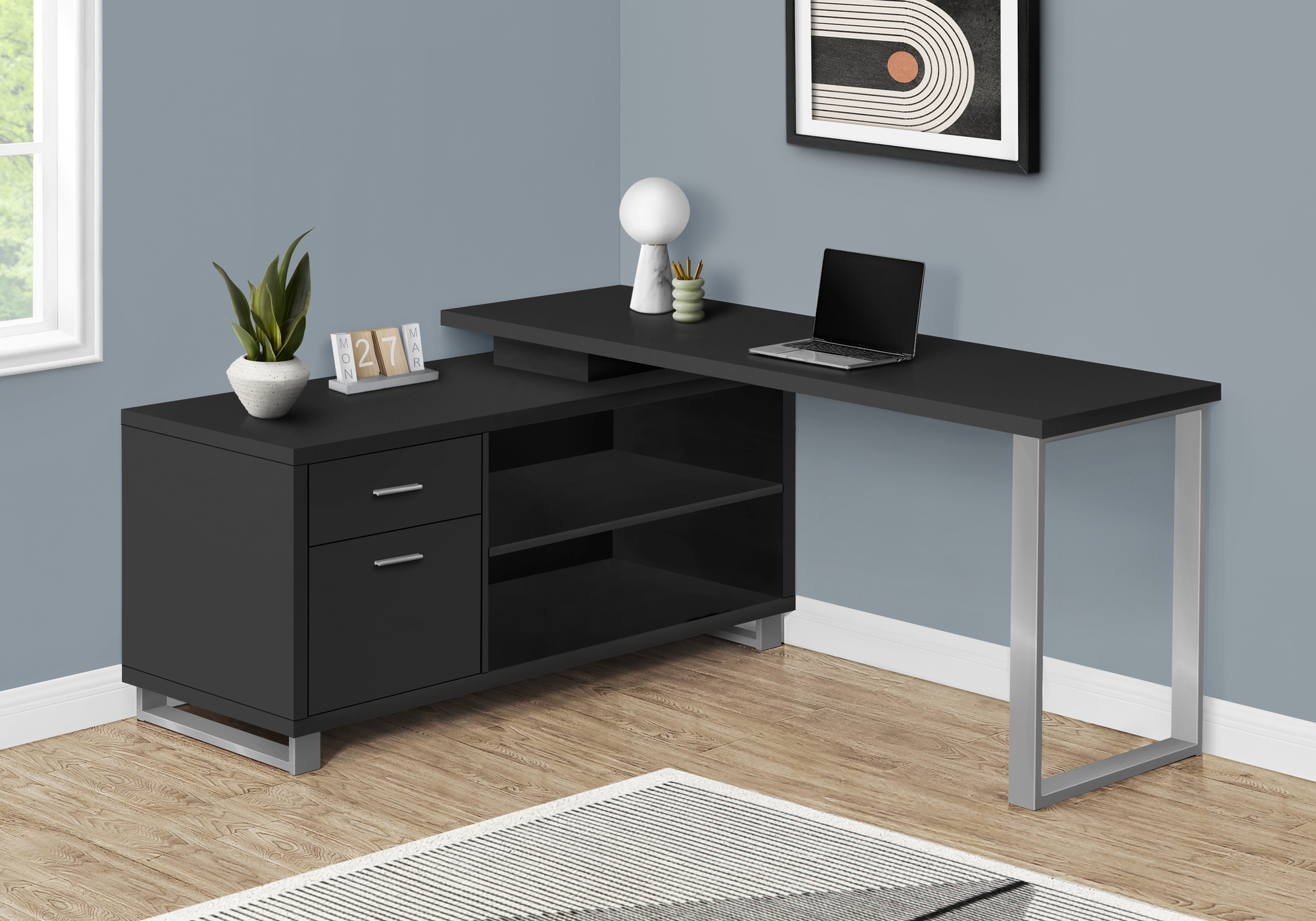 Computer Desk, Home Office, Corner, Storage Drawers, 72″L, L Shape, Work, Laptop, Black Laminate, Grey Metal, Contemporary, Modern