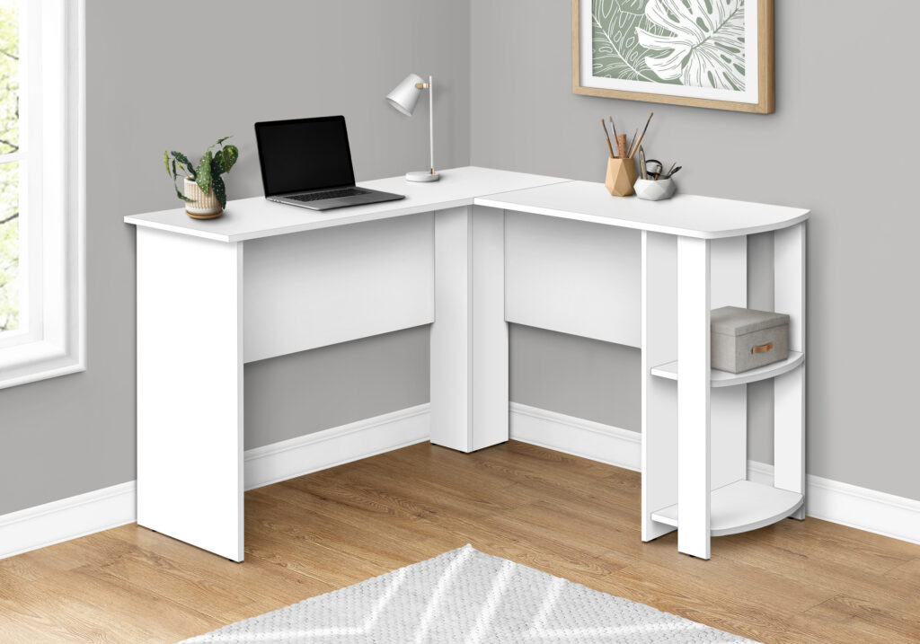 Computer Desk, Home Office, Corner, Storage Shelves, 48″L, L Shape, Work, Laptop, White Laminate, Contemporary, Modern