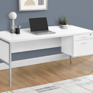 Computer Desk, 72"L, Home Office, Work, Laptop, Commercial Grade, File Storage Drawer, White Laminate, Silver Metal, Contemporary, Modern