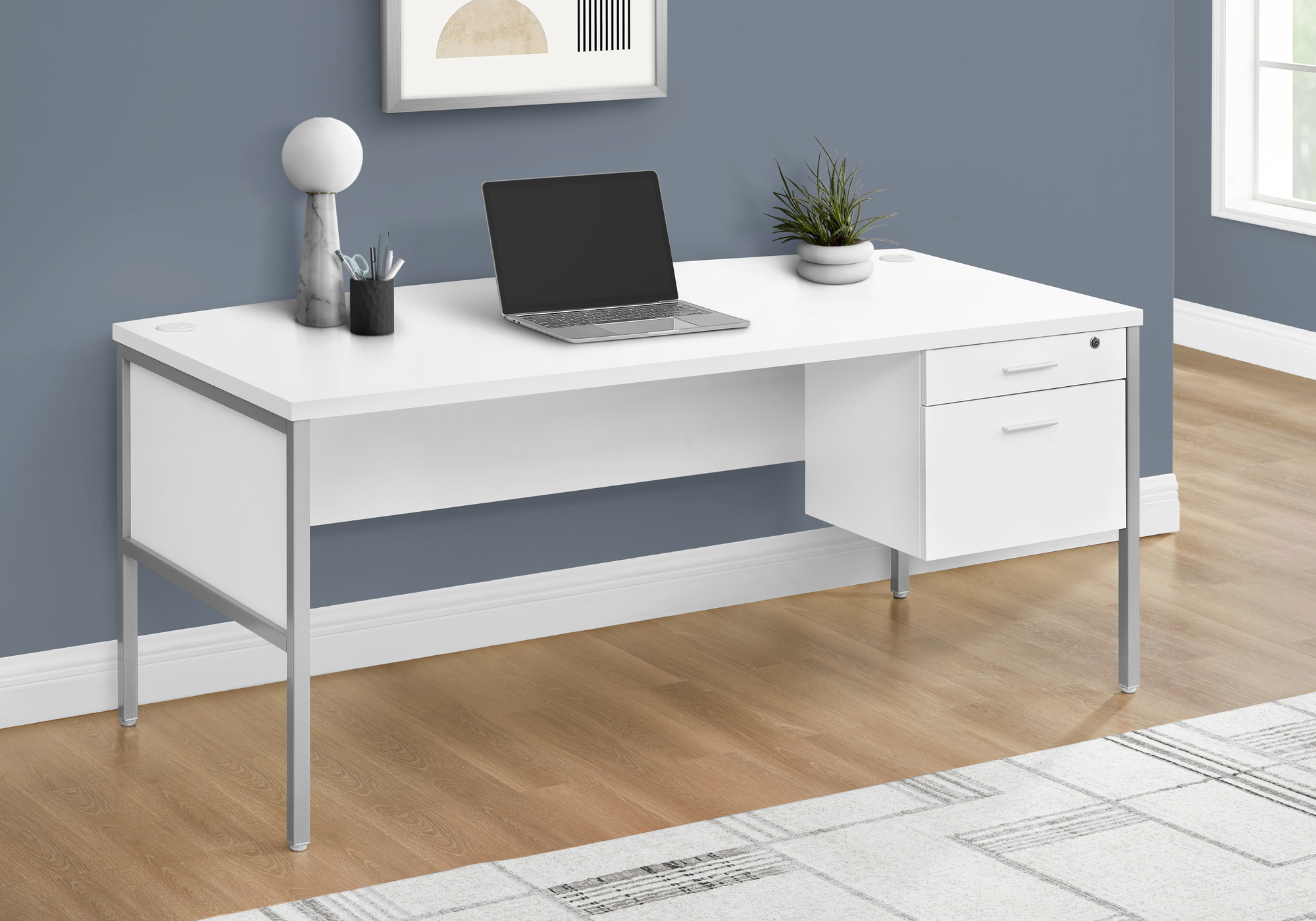 Computer Desk, 72″L, Home Office, Work, Laptop, Commercial Grade, File Storage Drawer, White Laminate, Silver Metal, Contemporary, Modern