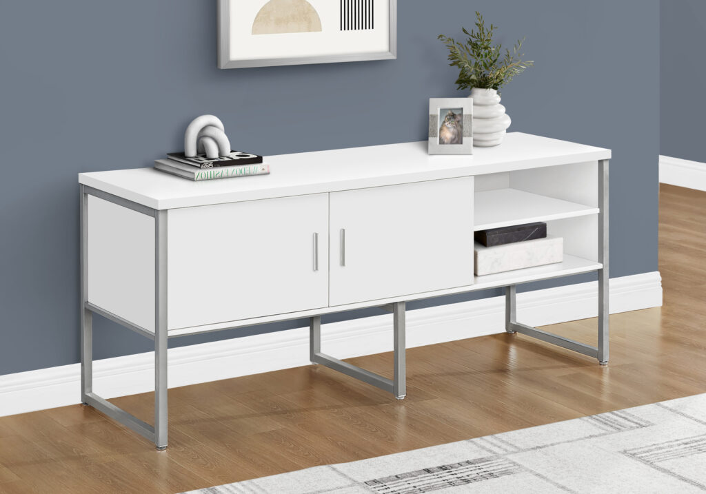 Office Credenza, 72″L, Home Office, Work, Storage Doors, Commercial Grade, White Laminate, Silver Metal, Contemporary