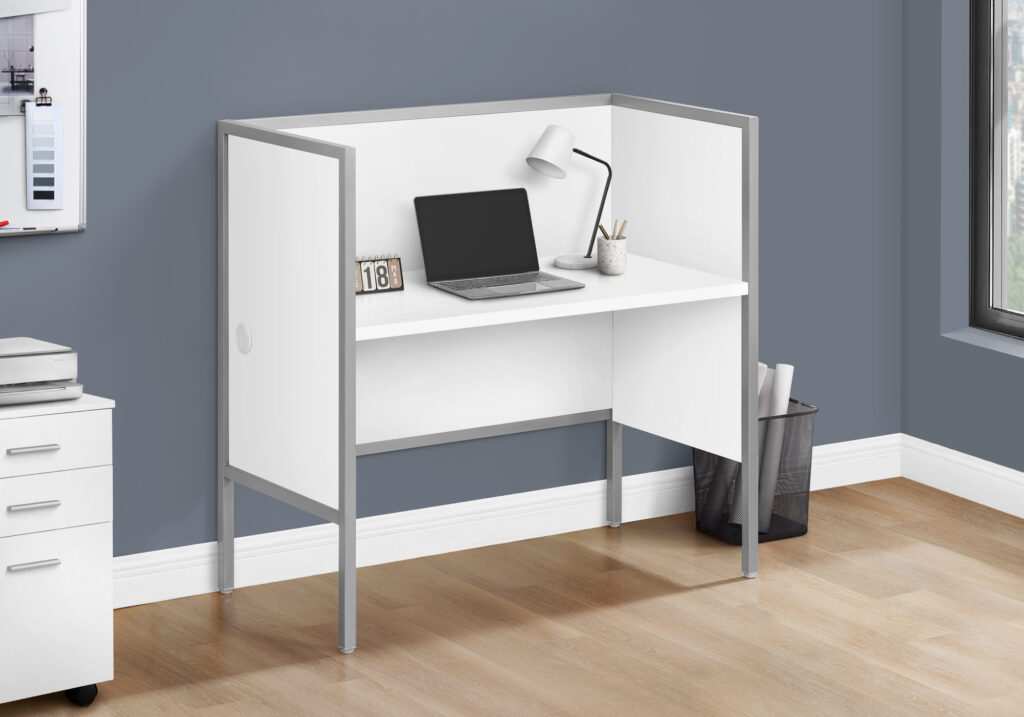 Office Cubicle, 48″L, Desk, Work, Commercial Grade, White Laminate, Silver Metal, Contemporary, Modern