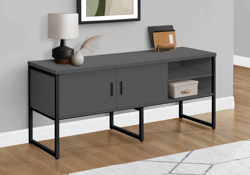 Office Credenza, 72″L, Home Office, Work, Storage Doors, Commercial Grade, Grey Laminate, Black Metal, Contemporary, Modern