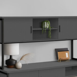 Office Hutch, 72"L, Work, Storage Doors, Home Office, Commercial Grade, Grey Laminate, Black Metal, Contemporary, Modern