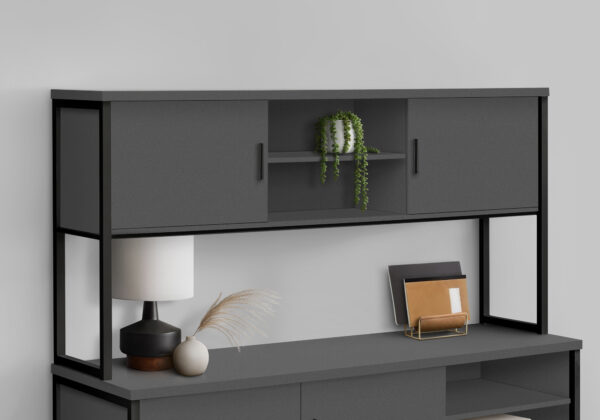 Office Hutch, 72″L, Work, Storage Doors, Home Office, Commercial Grade, Grey Laminate, Black Metal, Contemporary, Modern