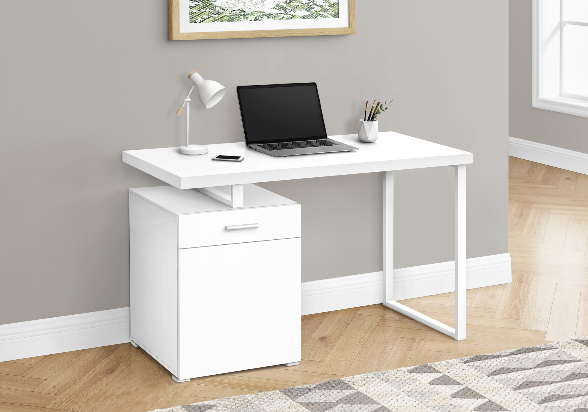 Computer Desk, Home Office, Laptop, Left, Right Set-up, Storage Drawers, 48″L, Work, White Laminate, White Metal, Contemporary, Modern