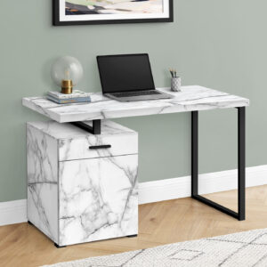 Computer Desk, Home Office, Laptop, Left, Right Set-up, Storage Drawers, 48"L, Work, White Marble Look Laminate, Black Metal, Contemporary, Modern