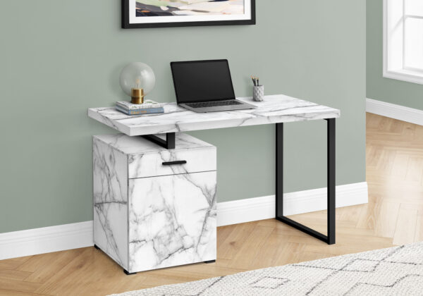 Computer Desk, Home Office, Laptop, Left, Right Set-up, Storage Drawers, 48″L, Work, White Marble Look Laminate, Black Metal, Contemporary, Modern