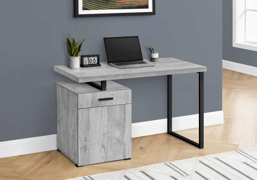 Computer Desk, Home Office, Laptop, Left, Right Set-up, Storage Drawers, 48″L, Work, Grey Laminate, Black Metal, Contemporary, Modern