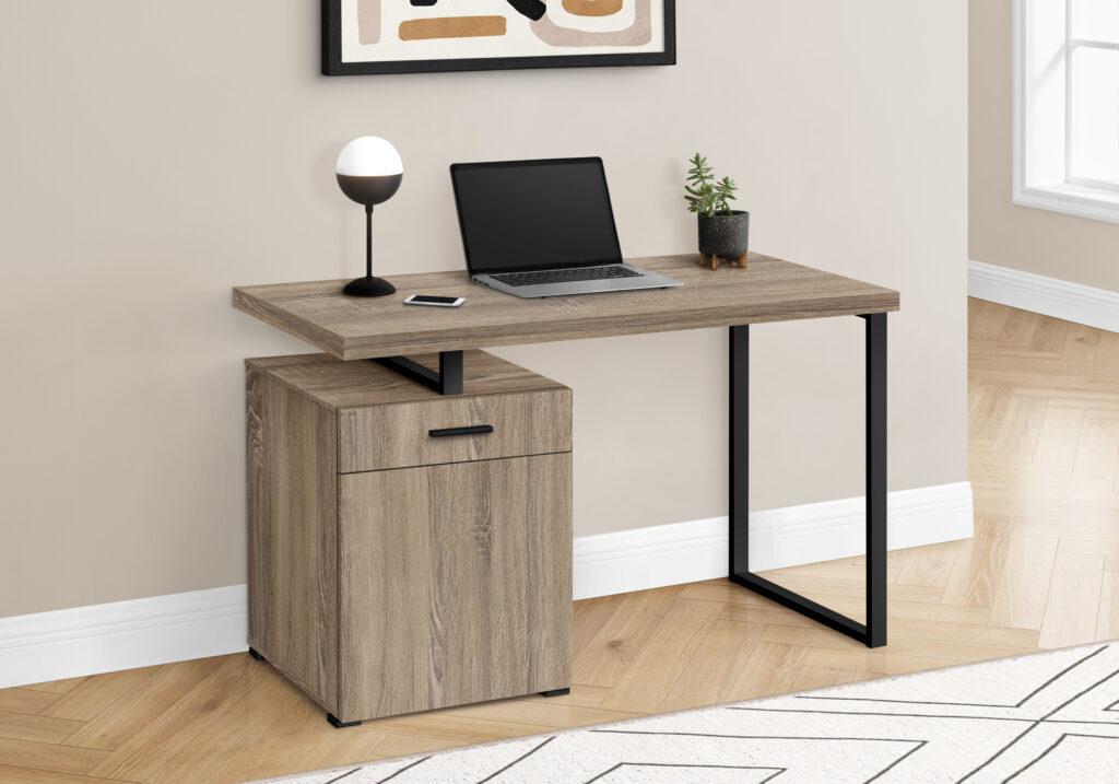 Computer Desk, Home Office, Laptop, Left, Right Set-up, Storage Drawers, 48″L, Work, Brown Laminate, Black Metal, Contemporary, Modern