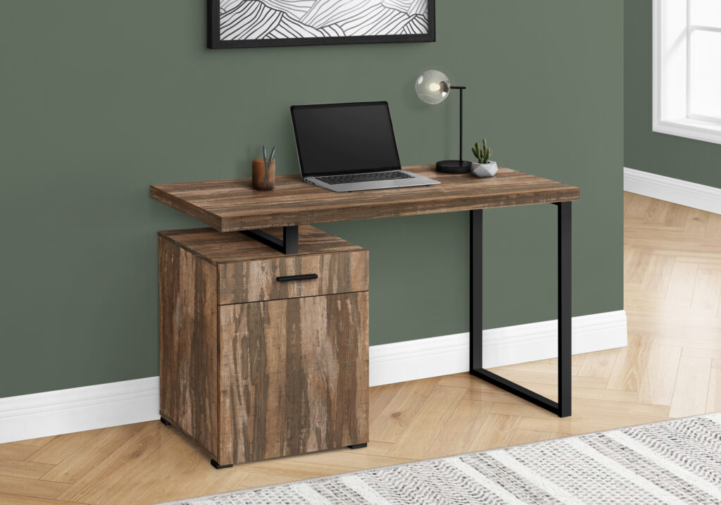 Computer Desk, Home Office, Laptop, Left, Right Set-up, Storage Drawers, 48″L, Work, Brown Laminate, Black Metal, Contemporary, Modern