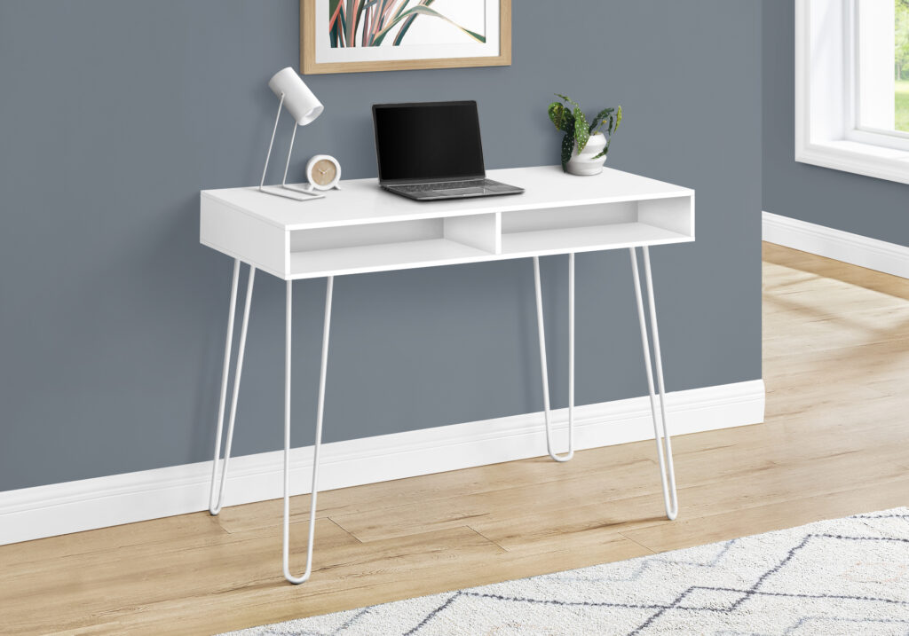 Computer Desk, Home Office, Laptop, Left, Right Set-up, Storage Drawers, 40″L, Work, White Laminate, White Metal, Contemporary, Modern