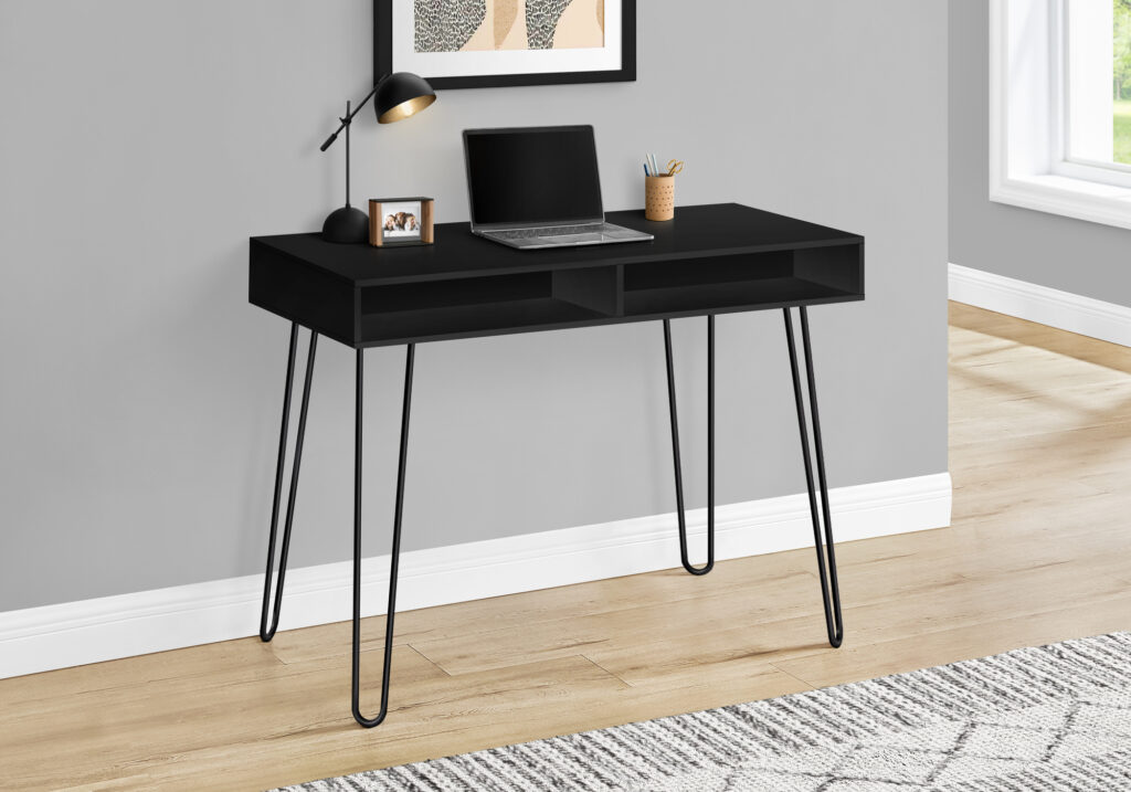 Computer Desk, Home Office, Laptop, Left, Right Set-up, Storage Drawers, 40″L, Work, Black Laminate, Black Metal, Contemporary, Modern