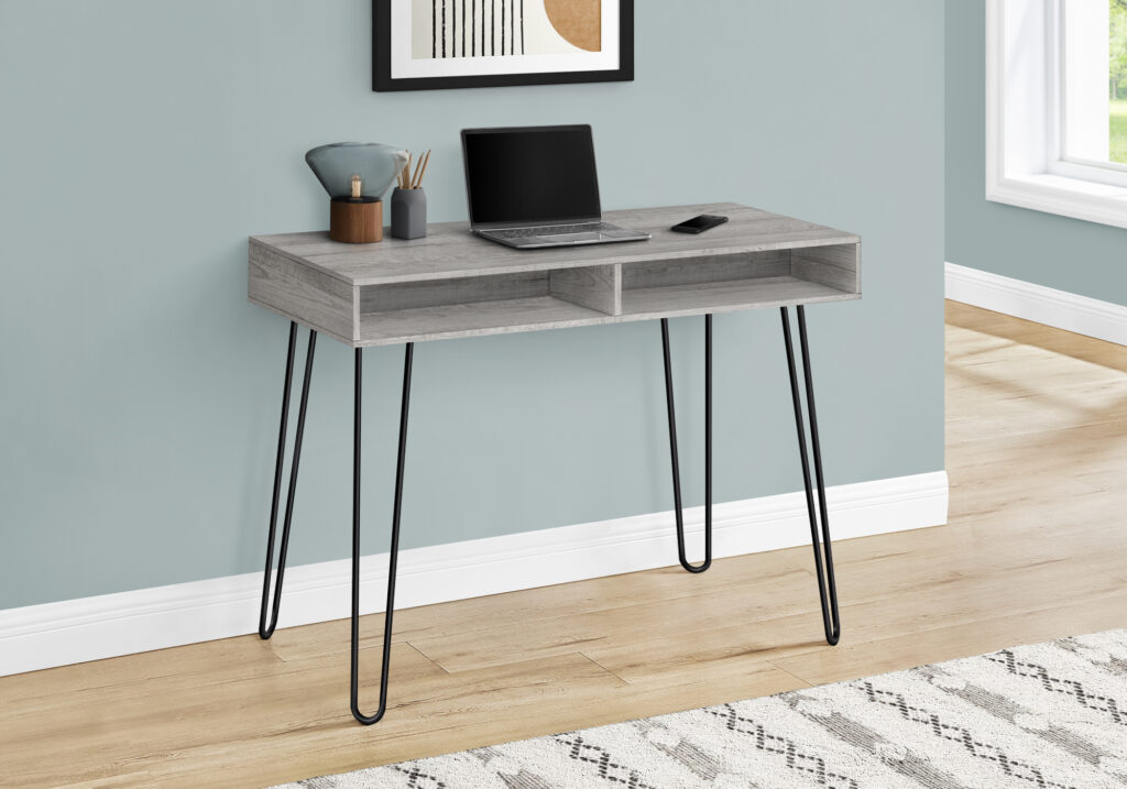 Computer Desk, Home Office, Laptop, Left, Right Set-up, Storage Drawers, 40″L, Work, Grey Laminate, Black Metal, Contemporary, Modern