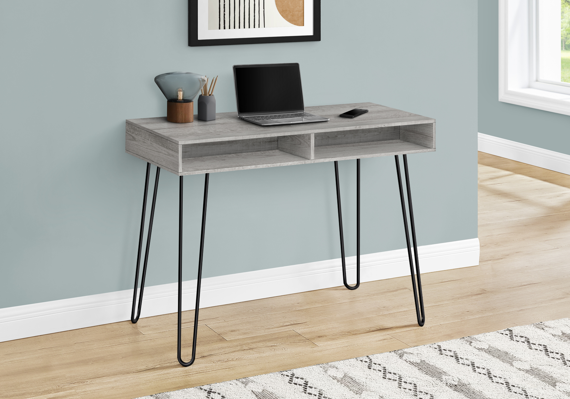 Computer Desk, Home Office, Laptop, Left, Right Set-up, Storage Drawers, 40″L, Work, Grey Laminate, Black Metal, Contemporary, Modern