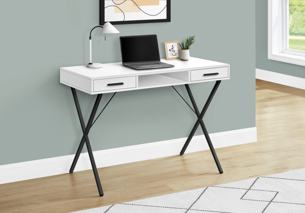 Computer Desk, Home Office, Laptop, Left, Right Set-up, Storage Drawers, 42″L, Work, White Laminate, Black Metal, Contemporary, Modern
