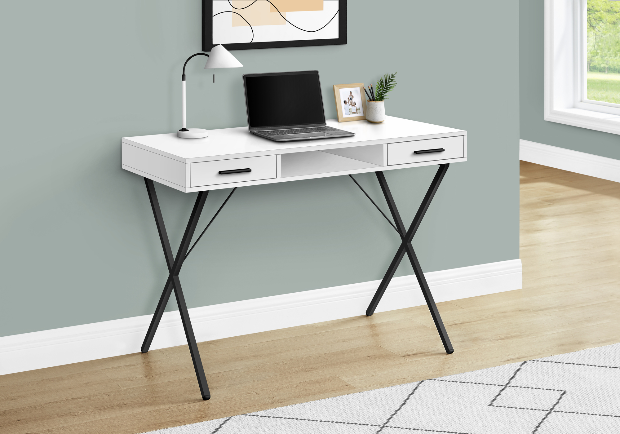 Computer Desk, Home Office, Laptop, Left, Right Set-up, Storage Drawers, 42″L, Work, White Laminate, Black Metal, Contemporary, Modern