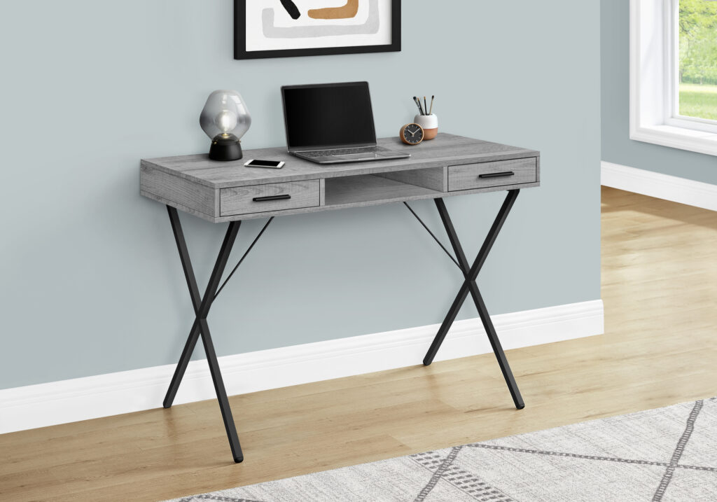 Computer Desk, Home Office, Laptop, Left, Right Set-up, Storage Drawers, 42″L, Work, Grey Laminate, Black Metal, Contemporary, Modern