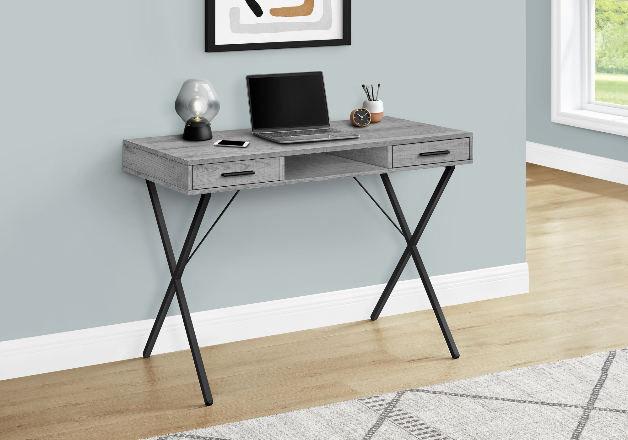 Computer Desk, Home Office, Laptop, Left, Right Set-up, Storage Drawers, 42″L, Work, Grey Laminate, Black Metal, Contemporary, Modern