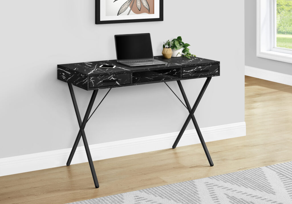 Computer Desk, Home Office, Laptop, Left, Right Set-up, Storage Drawers, 42″L, Work, Black Marble Look Laminate, Black Metal, Contemporary, Modern