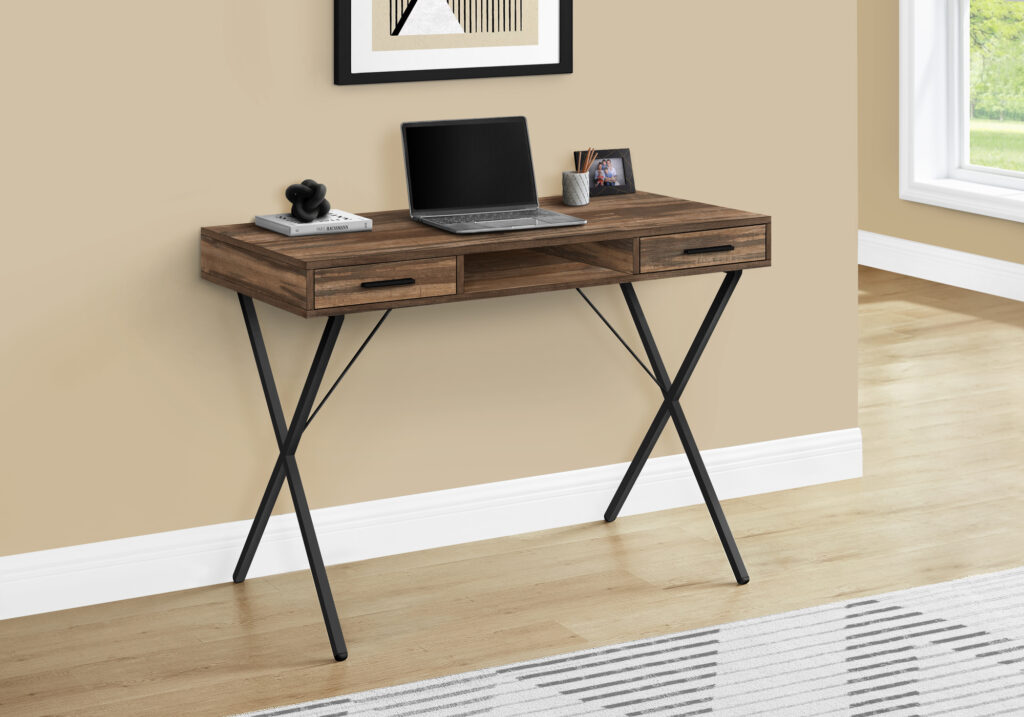 Computer Desk, Home Office, Laptop, Left, Right Set-up, Storage Drawers, 42″L, Work, Brown Laminate, Black Metal, Contemporary, Modern