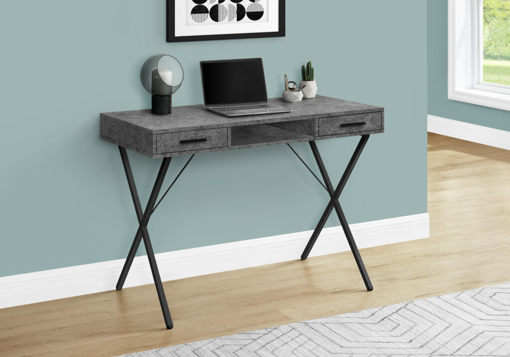 Computer Desk, Home Office, Laptop, Left, Right Set-up, Storage Drawers, 42″L, Work, Grey Laminate, Black Metal, Contemporary, Modern