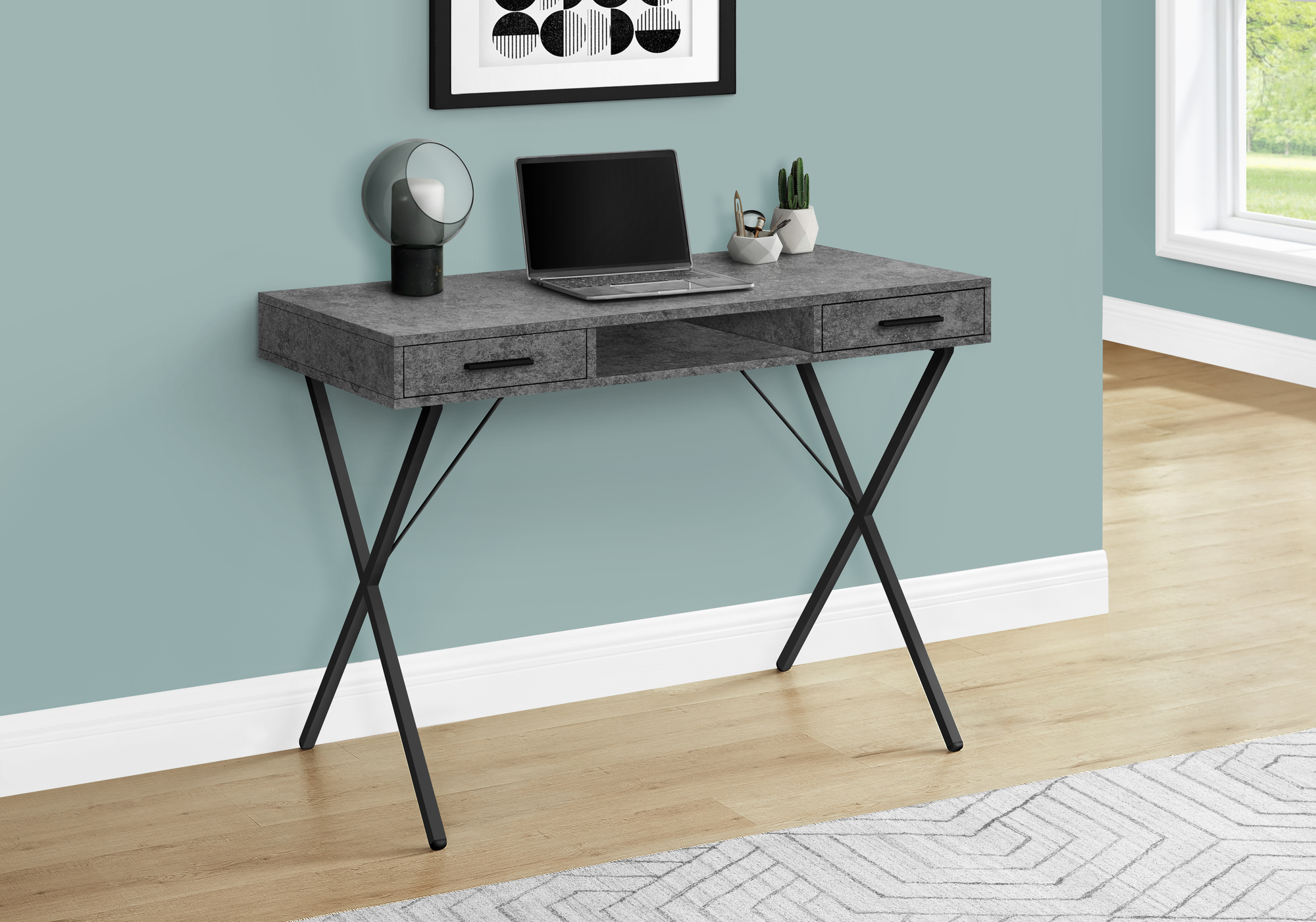 Computer Desk, Home Office, Laptop, Left, Right Set-up, Storage Drawers, 42″L, Work, Grey Laminate, Black Metal, Contemporary, Modern