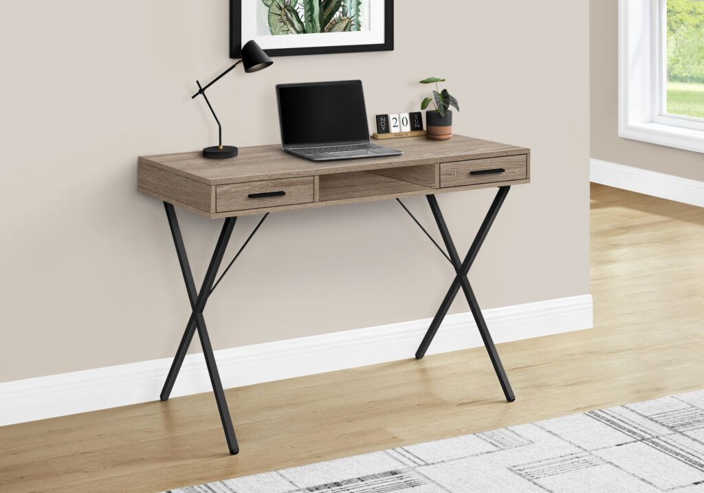 Computer Desk, Home Office, Laptop, Left, Right Set-up, Storage Drawers, 42″L, Work, Brown Laminate, Black Metal, Contemporary, Modern
