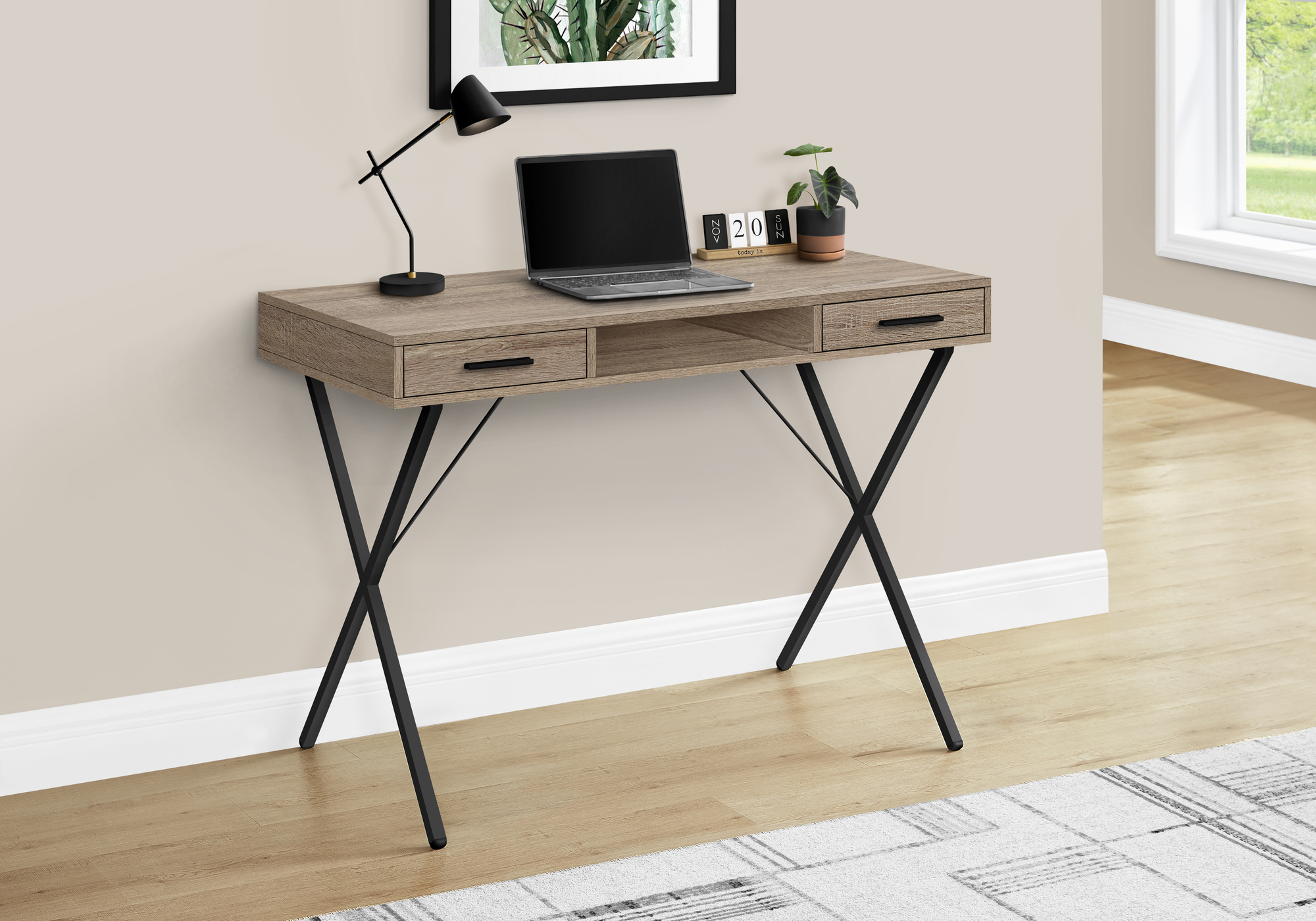 Computer Desk, Home Office, Laptop, Left, Right Set-up, Storage Drawers, 42″L, Work, Brown Laminate, Black Metal, Contemporary, Modern