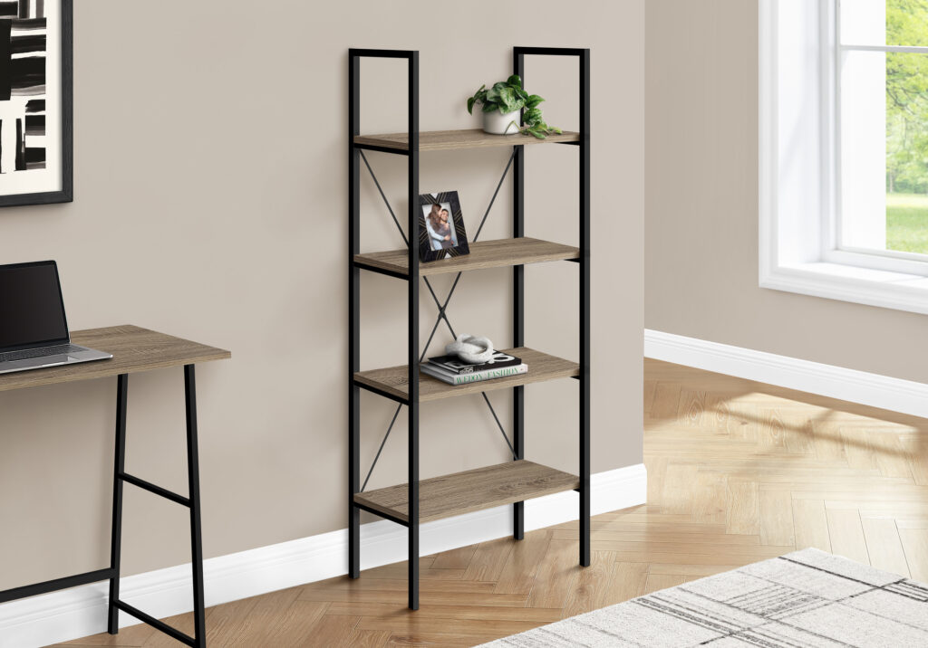 Bookshelf, Bookcase, 4 Tier, 48″H, Office, Bedroom, Brown Laminate, Black Metal, Contemporary, Modern